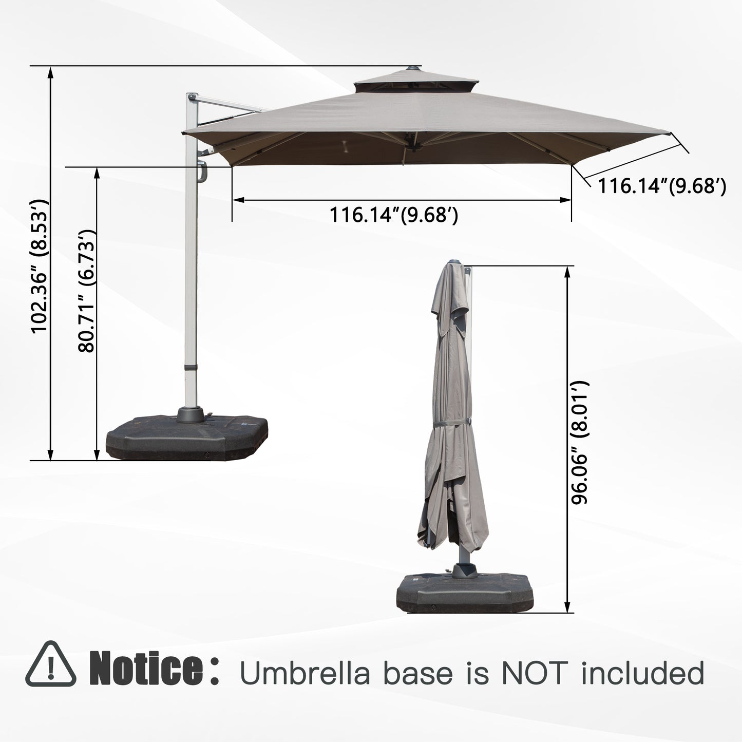 10 X10  Square Cantilever Umbrella With Center Pole, Gray  Base Not Included