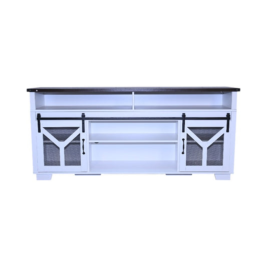 65.3 TV Stand With LED Light Strips And Iron Mesh Barn Door Y Decorative Strip White  Black Walnut Color Top Farmhouse