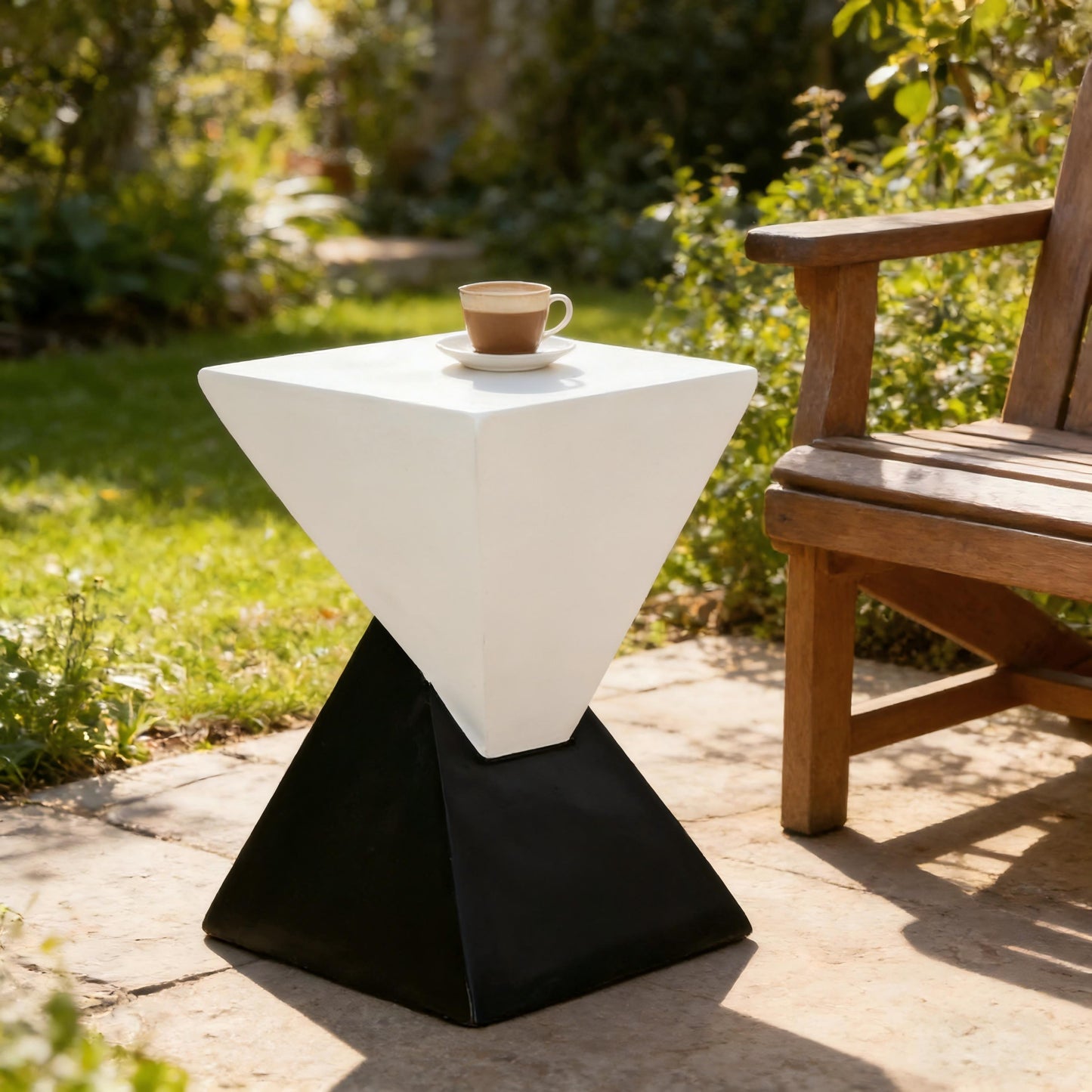 Modern Geometric MGO Side Table - Black & White Two Tone Indoor Outdoor End Table For Living Room, Patio, Garden, 18'' H X 12.5'' Base