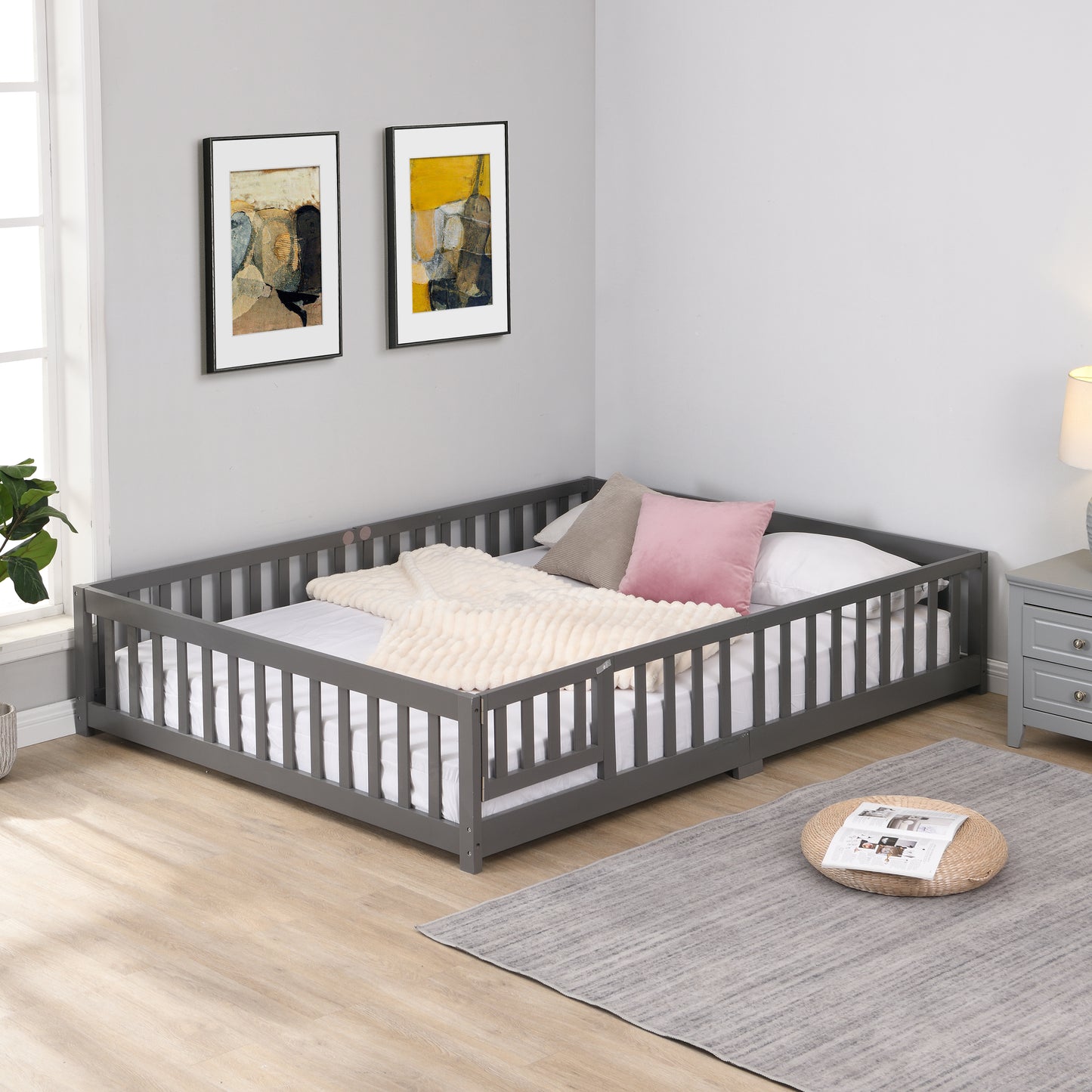 Full Size Floor Bed With Door,Solid Wood Platform Bed Frame With Fence,Suitable For Children,Pine Wood,Gray