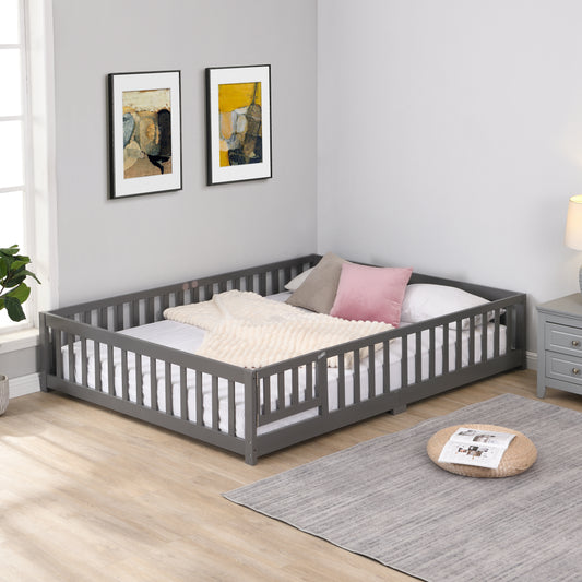 Full Size Floor Bed With Door,Solid Wood Platform Bed Frame With Fence,Suitable For Children,Pine Wood,Gray
