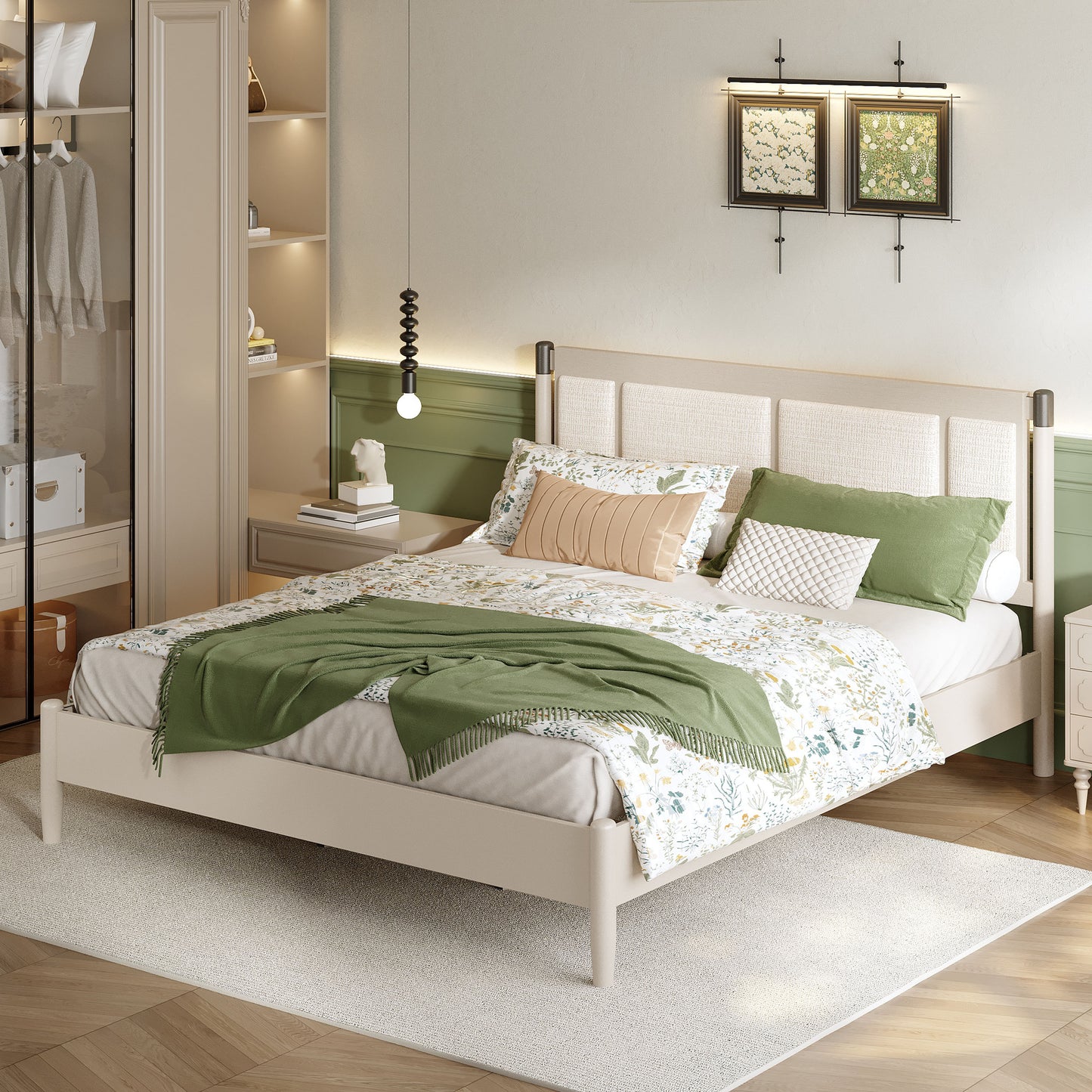 Solid Wood King Bed, Heavy Duty 600 Lbs Support, No Box Spring Needed, Grey Upholstered Headboard With Metal Handles