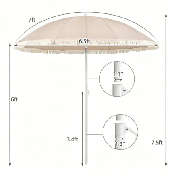 7 FT Boho Patio Umbrella With Fringe Tassel, 30' Adjustable Tilt Outdoor Sun Canopy, Portable 2-Section Metal Beach Umbrella