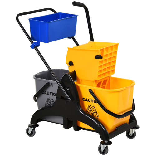 HOMECOM 6.9 Gallon Mop Bucket Swivel Arm Cart With Easy-to-use Side Pressure Swivel Arm Smooth Wheels And Mop Handle Bracket