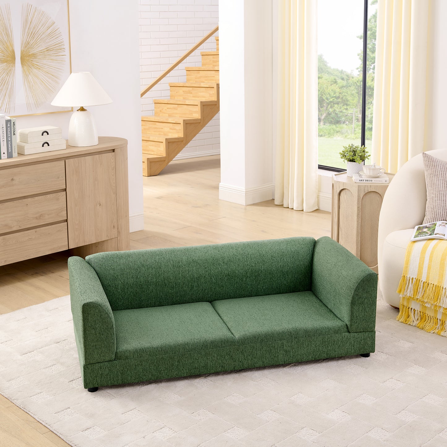 Comfortable Oversized Pet Sofa For Medium-Large Dogs  Modern Rectangular Design With Backrest, Armrests  Soft Cushion -OLIVE GREEN  56.5x26x17