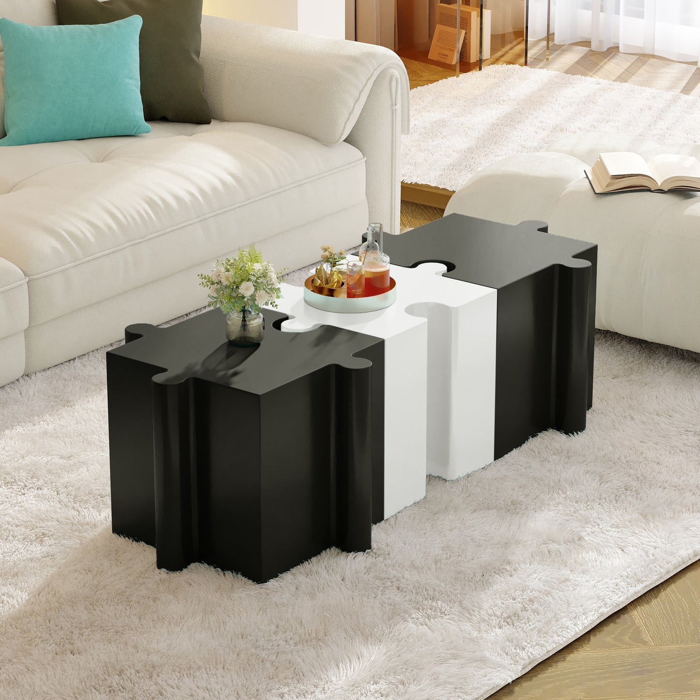 3-Piece Artistic Puzzle Table Set,Modular MGO Side Tables With Interlocking Design  2 Convex & 1 Concave , 200lb Capacity For Indoor & Outdoor,Black & White Color