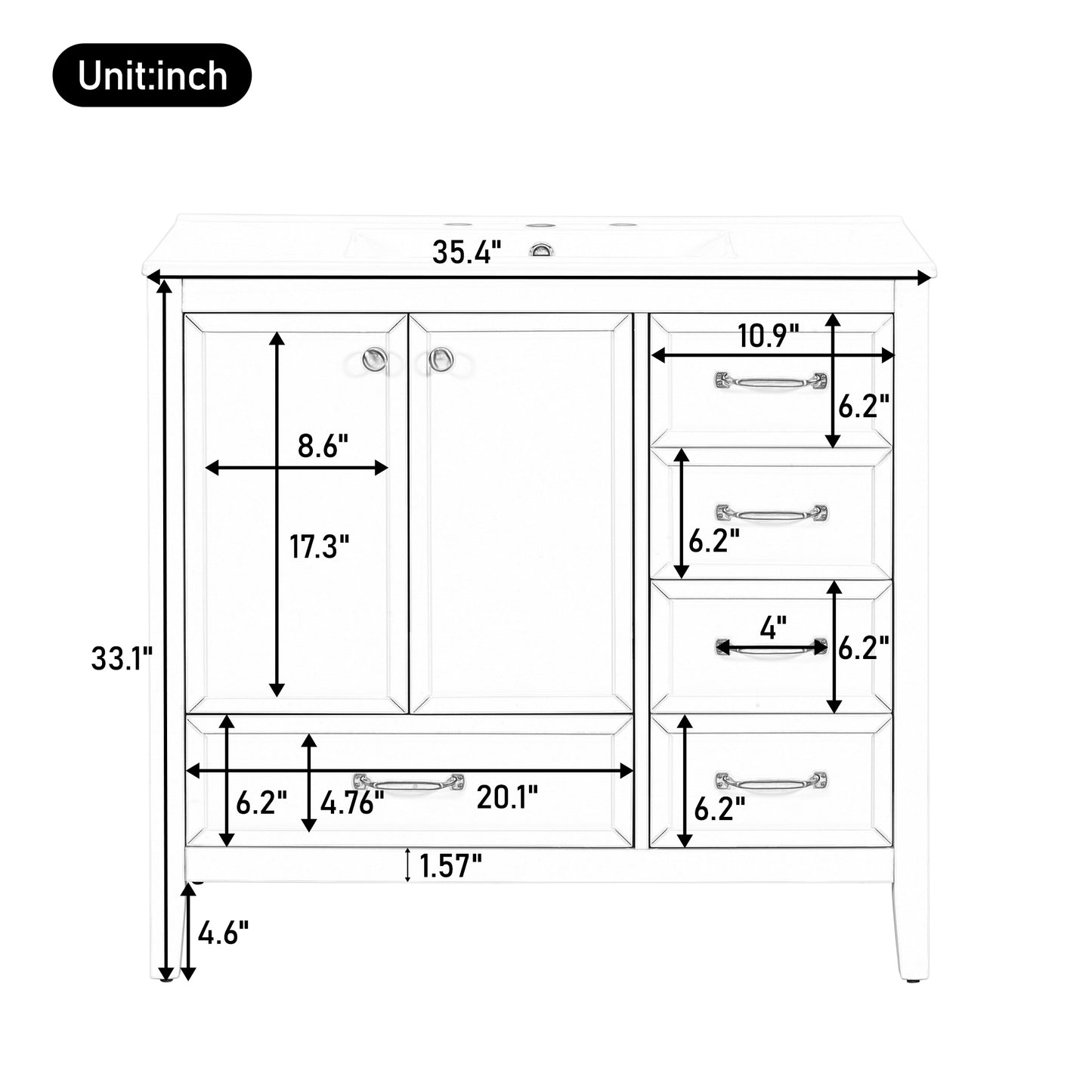 36  Bathroom Vanity With Sink, Bathroom Cabinet With Soft-Closing Door, 4 Drawers Of Different Sizes, Solid Wood Frame And Leg, Two Packages, White