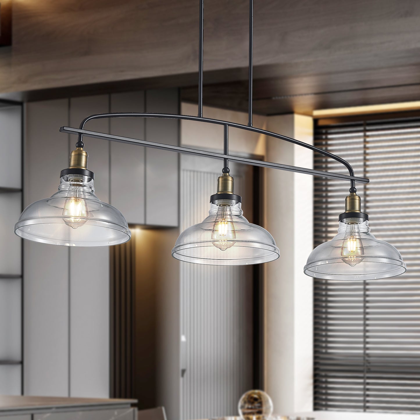 45 Industrial 3-Light Pendant Chandelier With Clear Glass Shades, Black Metal Frame, Adjustable Height, Modern Farmhouse Lighting For Kitchen Island, Dining Room, Or Living Room Bulb Not Included