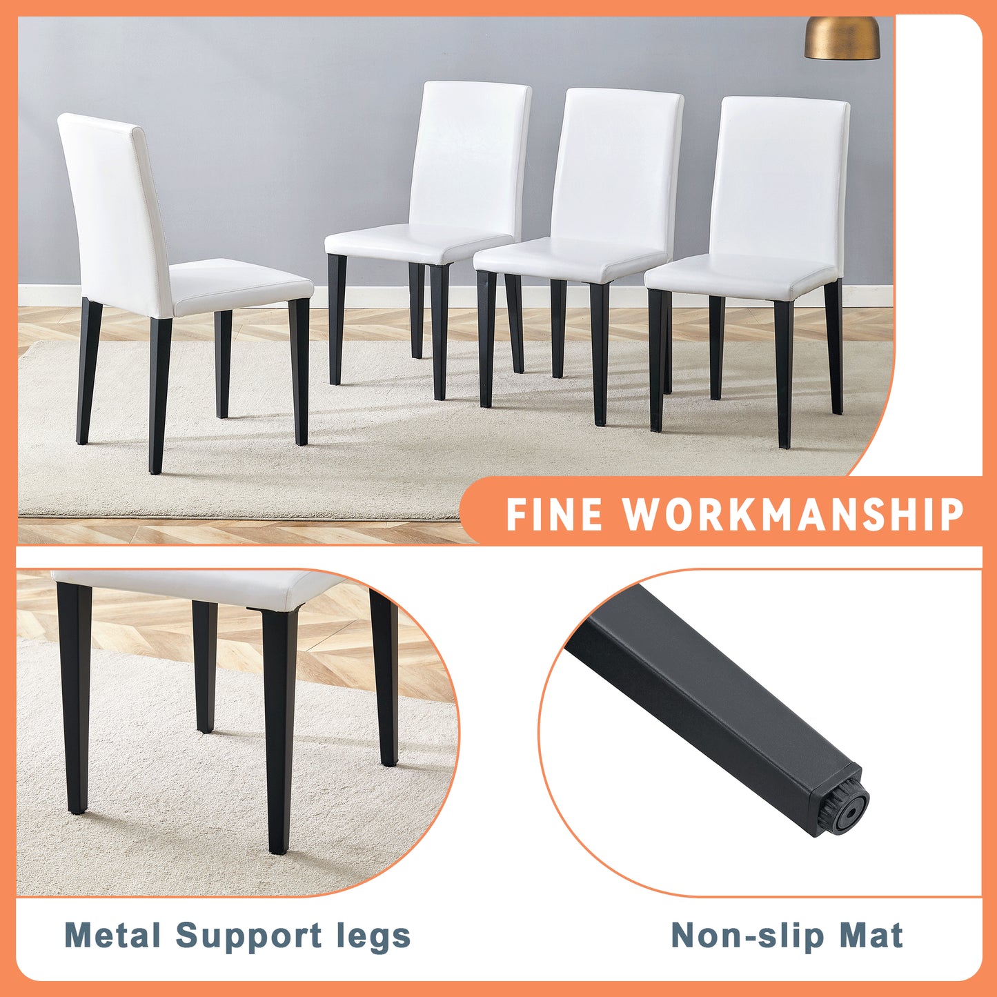 Table And Chair Set.71x35.4 Inch White And Black Spliced Dining Table With Storage Function In The Middle Of The Table Legs.Paired With 8 White PU Dining Chairs, Simple And Versatile.