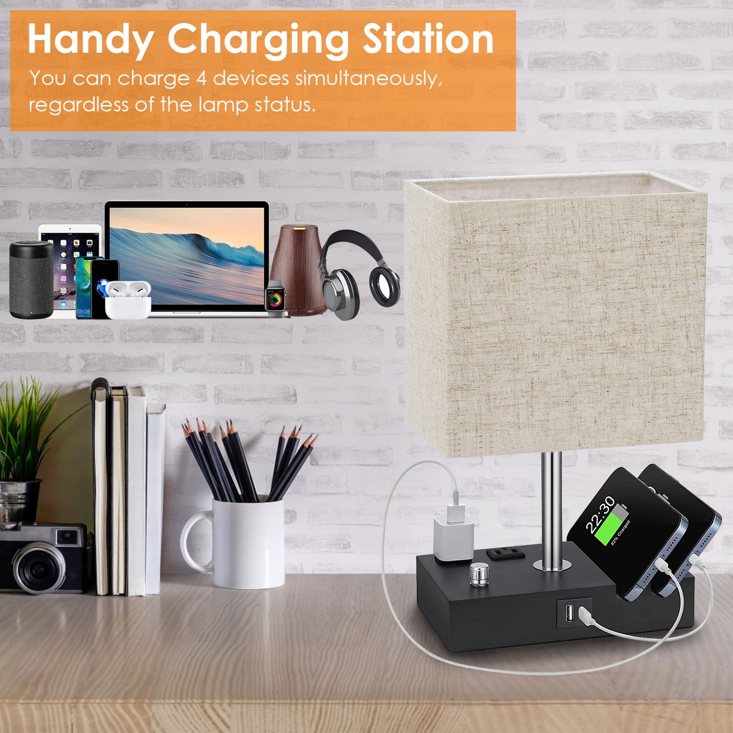 1Pc Fully Dimmable Table Lamp For Bedroom Living Room Bedside Lamp For Nightstand Dual USB Ports 2 Power Outlets LED Bulb Included