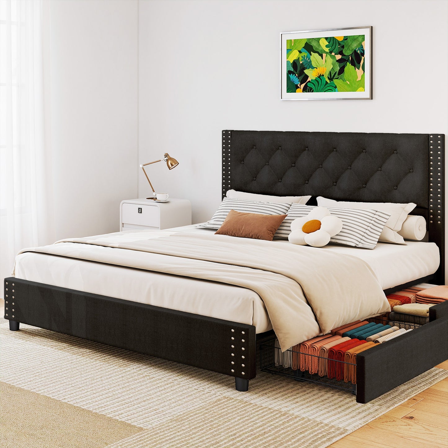 Queen Size Bed Frame With Upholstered Button Tufted Headboard Wood Slat Support Metal Platform Bed Frame With 4 Drawers No Box Spring Needed Easy Assembly For Home
