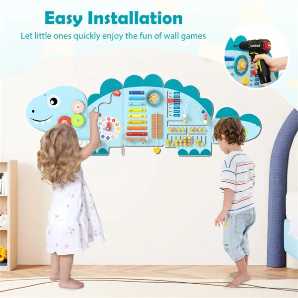 11-in-1 Dinosaur Activity Wall Busy Board Panels-- Wooden Sensory Toy-Blue