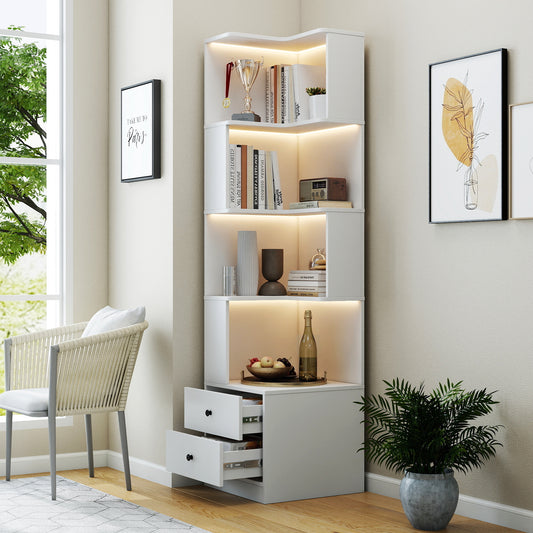 Corner BookShelf With Drawers,4-Tier Corner Bookshelf Bookcase With Baffle, Freestanding L Shaped Display Shelf Stand With Led Lights For Home Office, Living Room, Bedroom, Kitchen