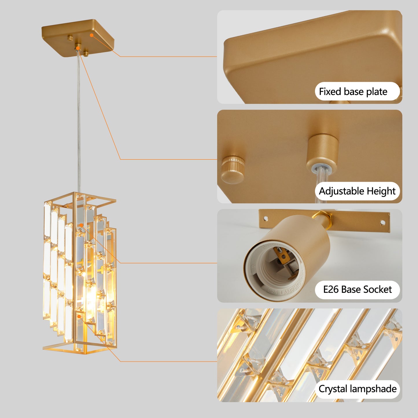 4inch Modern Crystal Pendant Light - 3 Pack, Adjustable Hanging Ceiling Lamp With Crystal Prism Design For Dining Room, Kitchen Island, And Living Room -Golden Finish