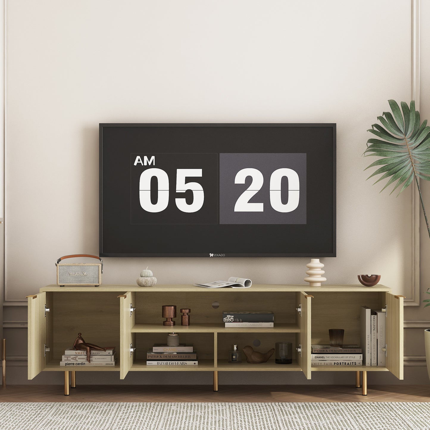 Wood  Modern TV Stand Fluted 68  , Entertainment Center With Storage Doors, TV Console Media Cabinet,  For 55  Inch TV, Living Room