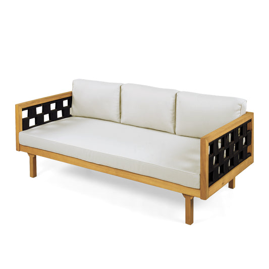 Three-Seater Outdoor Daybed - Acacia Wood Teak Finish Frame With Light Grey Cushions & Black Flat Rope, 67.5'' L X 32'' W X 24.24'' H Patio Lounge Sofa For Garden Deck Backyard