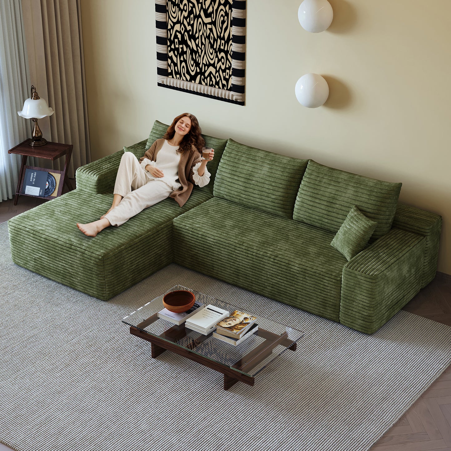 107  Cloud Sectional Couch With L-Shape Chaise,Modern Modular Sofa With Deep Seat, Upholstered Couches For Living Room Bedroom,No Assembly Required,  Plush Corduroy Fabric ,Green