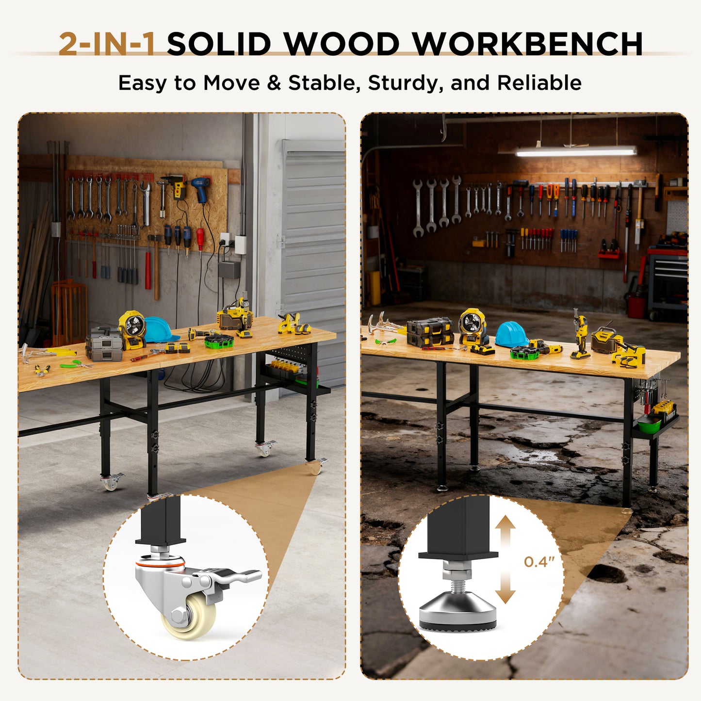 96in Adjustable Workbench With Side Pegboard, Solid Wood Top, 2000 Lbs Capacity, Adjustable Height Garage Work Table With Power Outlet, Storage Box, Wheels Or Leveling Feet