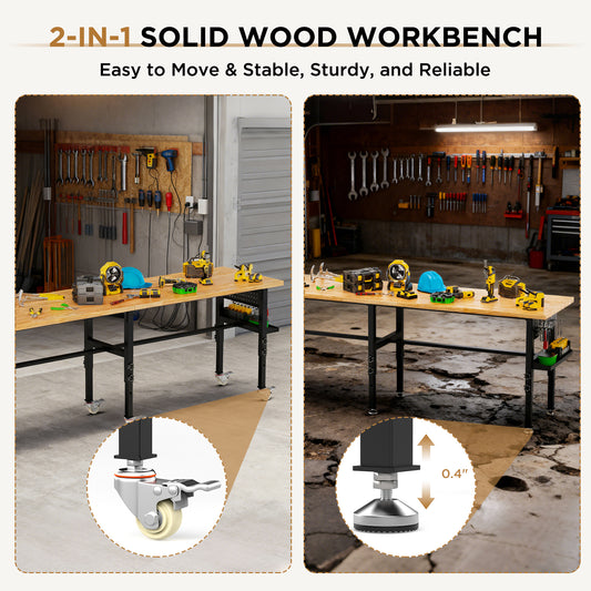 96in Adjustable Workbench With Side Pegboard, Solid Wood Top, 2000 Lbs Capacity, Adjustable Height Garage Work Table With Power Outlet, Storage Box, Wheels Or Leveling Feet
