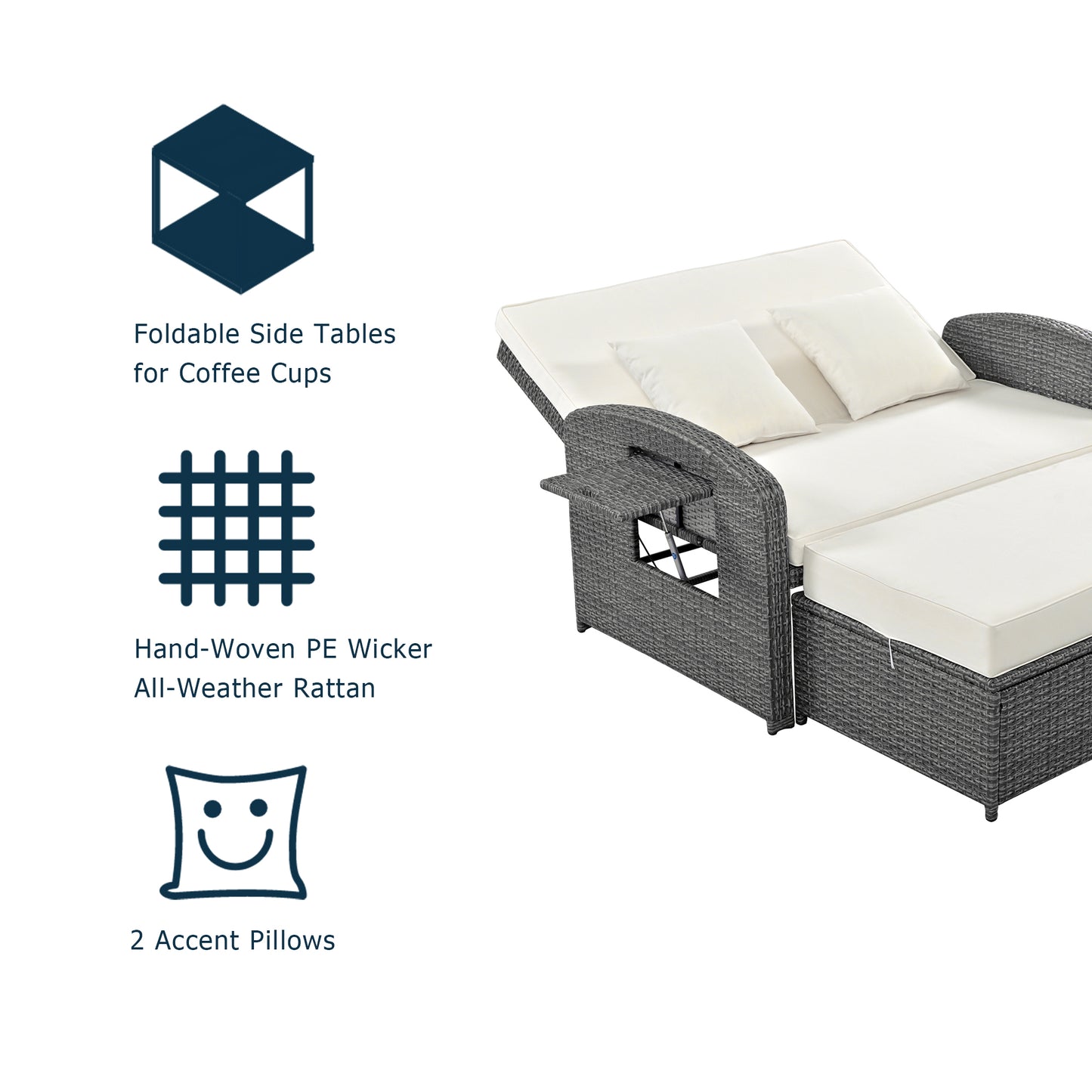 TOPMAX PE Wicker Rattan Double Chaise Lounge, 2-Person Reclining Daybed With Adjustable Back And Cushions, Free Furniture Protection Cover, White