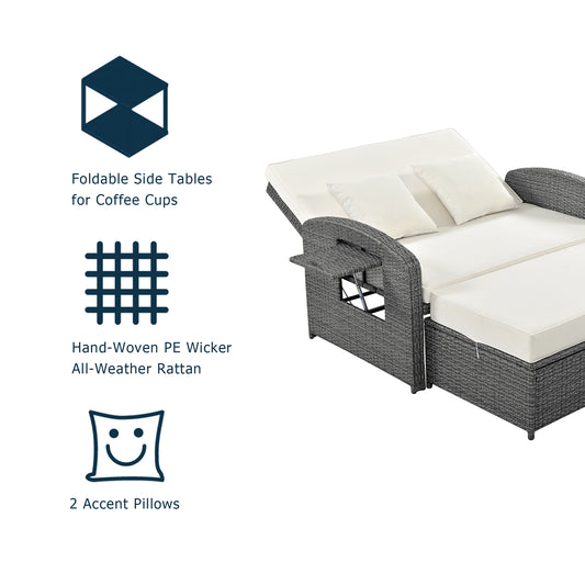 TOPMAX PE Wicker Rattan Double Chaise Lounge, 2-Person Reclining Daybed With Adjustable Back And Cushions, Free Furniture Protection Cover, White