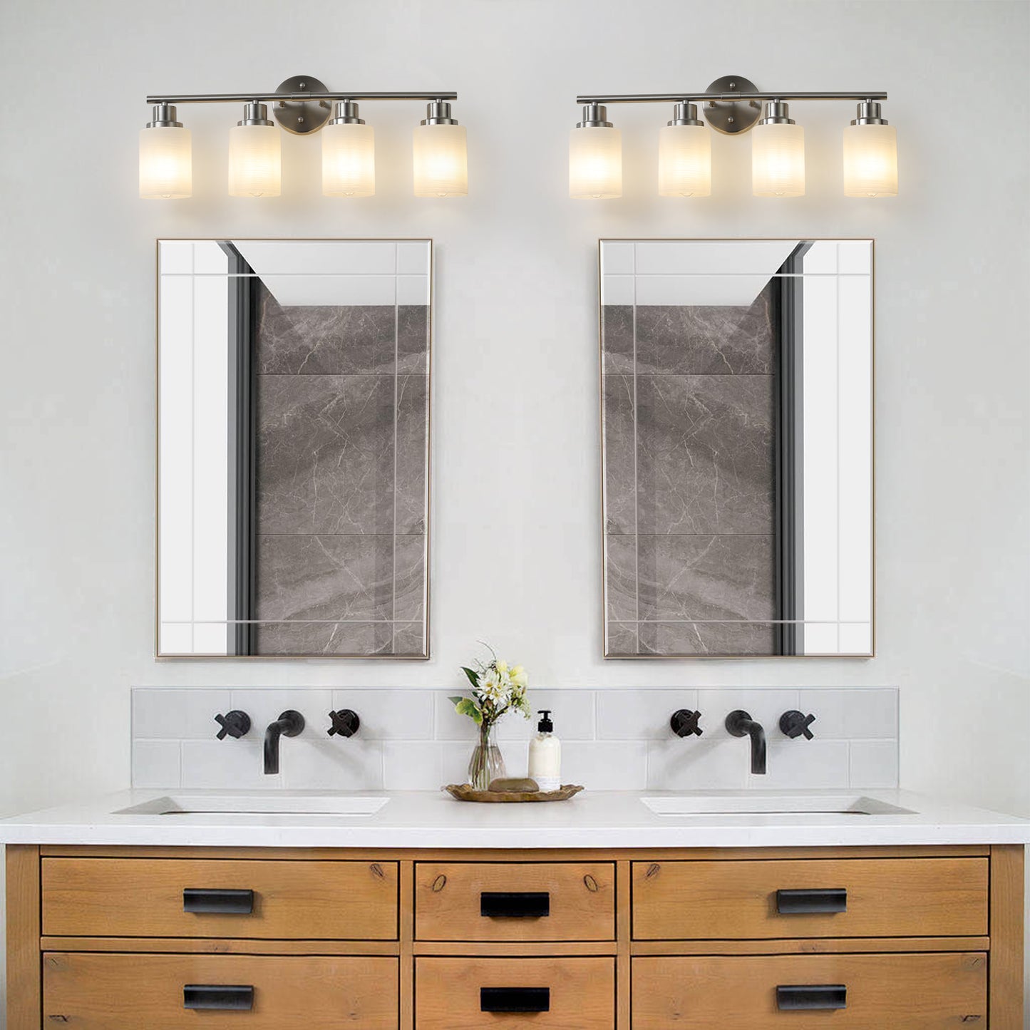 24  Modern 4-Light Vanity Wall Sconce, Brushed Nickel Finish With Frosted Glass Shades For Bathroom Or Hallway Lighting -No Bulbs