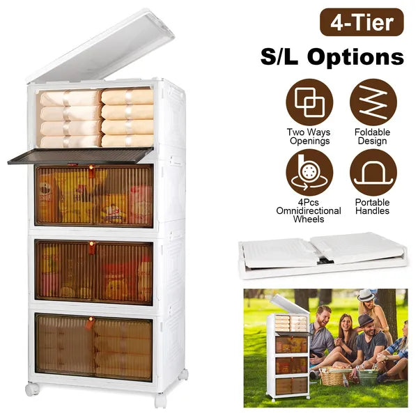 Total 76QT 4-Tier Foldable Storage Bins With Lid Front Magnetic Door Collapsible Stackable Closet Organizer Containers With 4Pcs 360' Rotatable Wheels