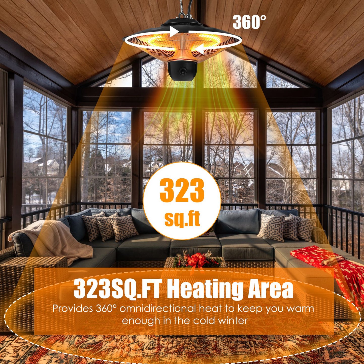 1500W Outdoor Patio Heater Electric Hanging Heated Ceiling Mounted Heating Lamp IP23 Waterproof With 3 Heating Levels 30Mins 60Mins Timer 2 Remote Control For Garage Balcony Courtyard