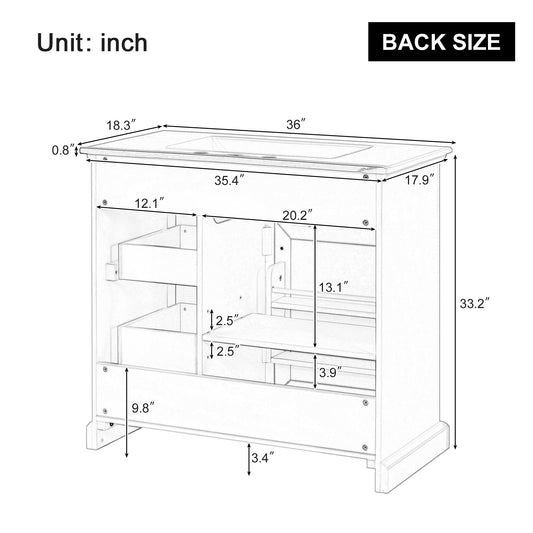 36 Bathroom Vanity With Sink, Ceramic Sink, 2 Tip-out Drawers, Soft Close Door Hinges, White