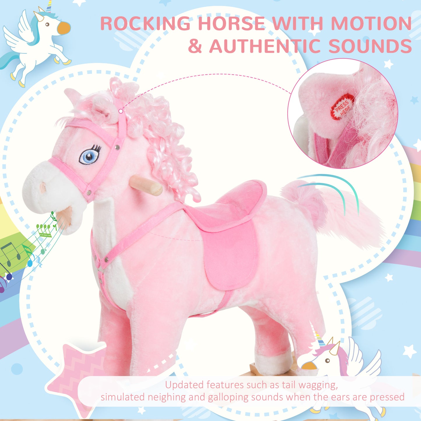 Kids Ride On Rocking Horse Toddler Plush Toy With Realistic Sounds And Swinging Tail For 3 Years Old Children