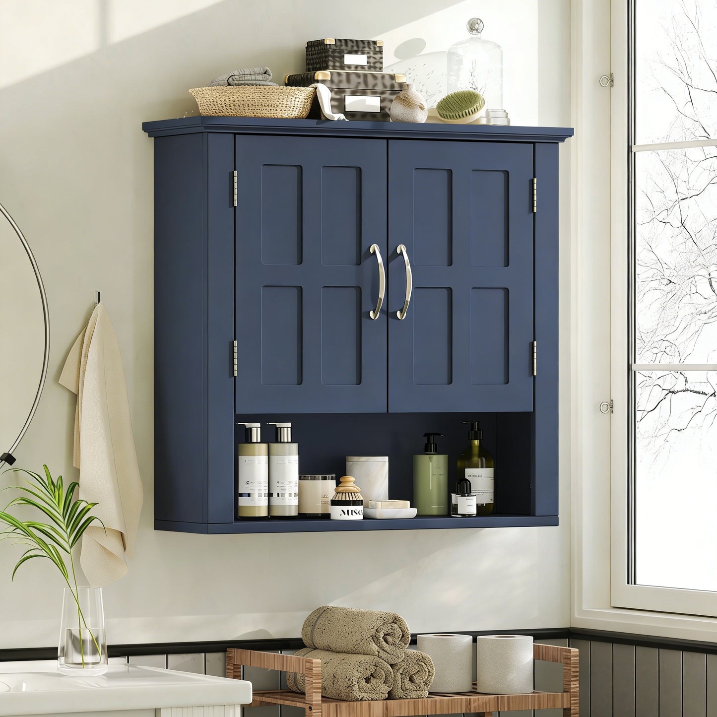 Bathroom Wall Storage Cabinet, Multi -functional Wall Mounted Cabinet With Adjustable Shelves, Medicine Cabinet For Laundry Room & Kitchen & Living Room, Blue