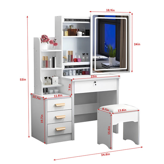 Fashion Vanity Desk With Mirror And Lights For Makeup And Chair, Vanity Mirror With Lights And Table Set With 3 Color Lighting Brightness Adjustable, 4 Drawers, White Color