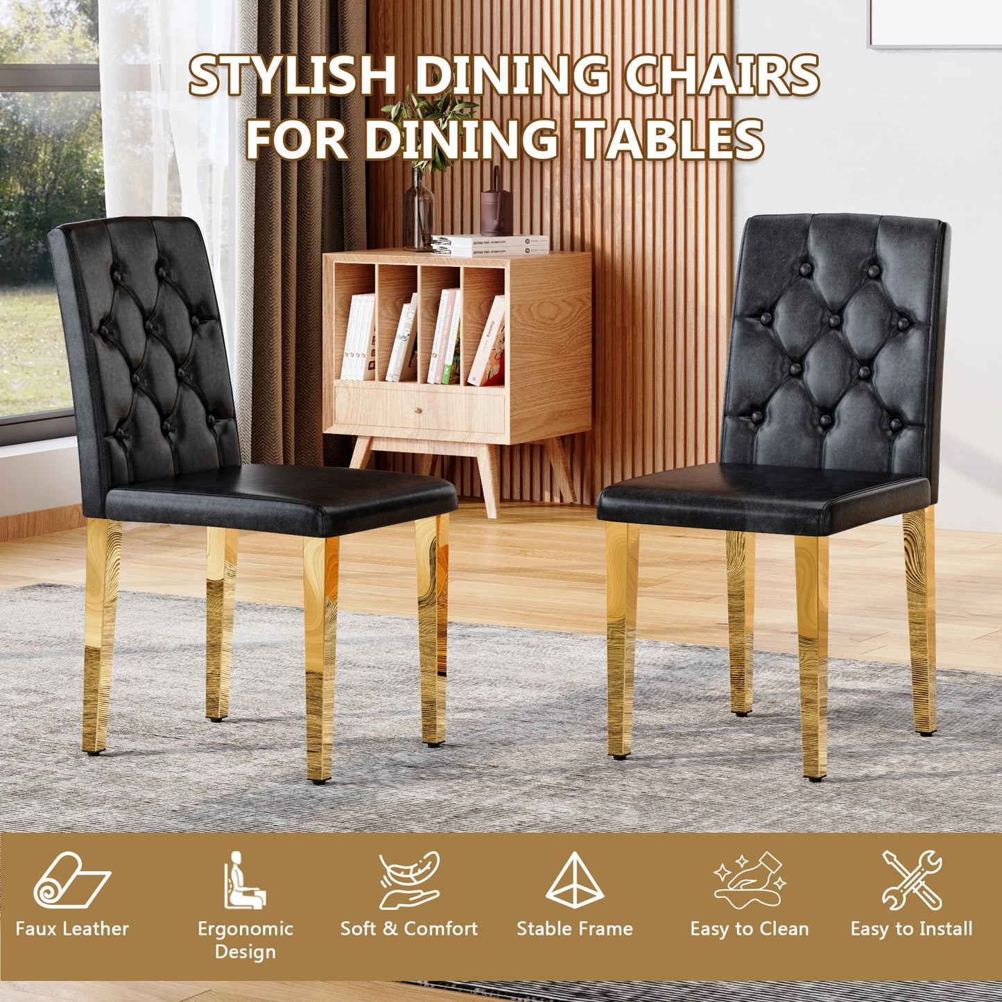 4-pack Black PU Dining Chairs Ergonomic Buckle Backrest, 35 Inches High, Golden Metal Legs,Combines Comfort And Texture.Perfectly Suitable For Family Dining Rooms, Hotel Banquet Halls,etc.W1151P29570