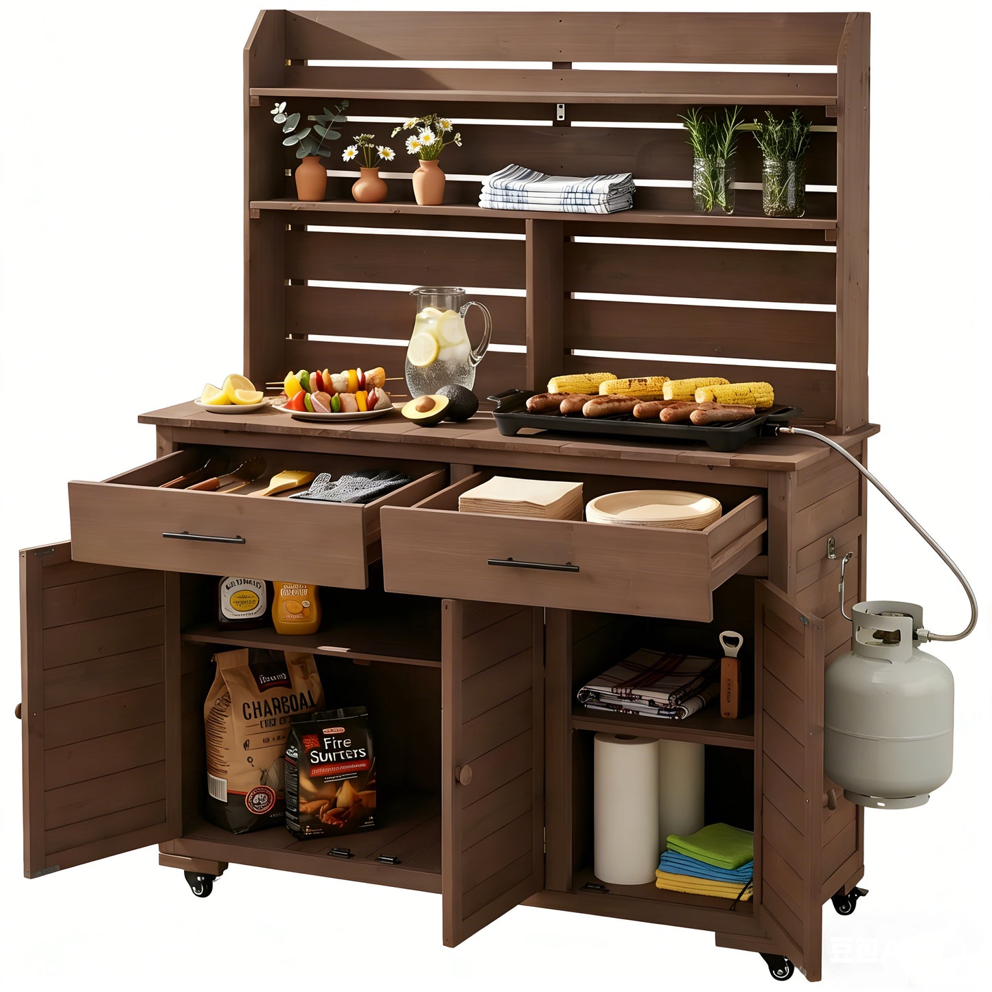 Assembly Video  TOPMAx 65 H Large Garden Potting Bench With Lockable Wheels And Storage Cabinet  Wood Outdoor Kitchen Island Prep Cart With Hutch Top  Drawers And Removal Shelves For Grilling  Brown