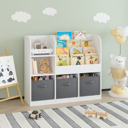 Kids Bookcase And Bookshelf, Multifunctional Bookcase With 3 Collapsible Fabric Drawers, Bookcase Display Stand, Toy Storage Organizer For Bedroom, Playroom, Hallway White Gray