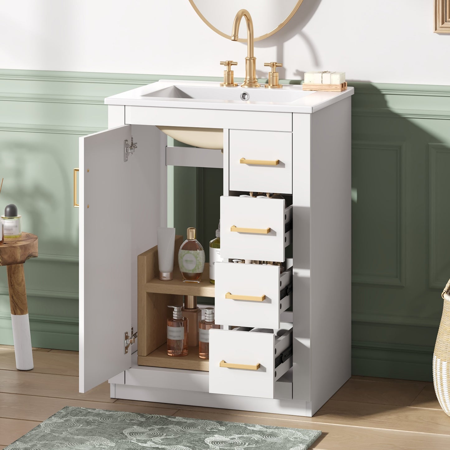 24   Bathroom Vanity With Integrated Ceramic Sink, Bathroom Cabinet With 1 Door, 3 Drawers, Single Sink Bathroom Vanity For Small And Medium Restroom, White