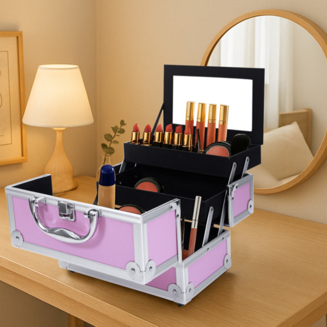 Portable Top-opening With Mirror, Aluminum Alloy, Pink, Makeup Box, SM-2176