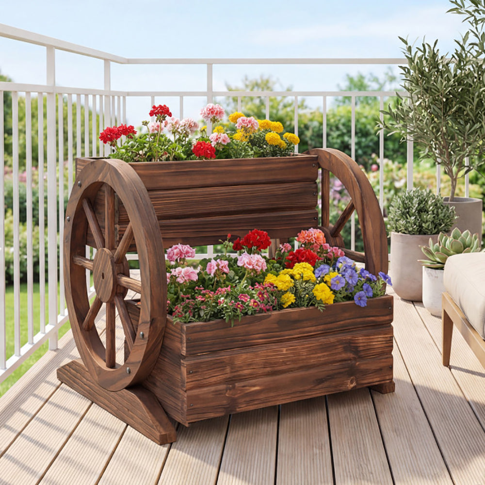 2-Tier Raised Garden Bed Rustic Wood Wagon Shape With Drainage Holes And Wheels For Growing Flowers Or Displaying Potted Plants