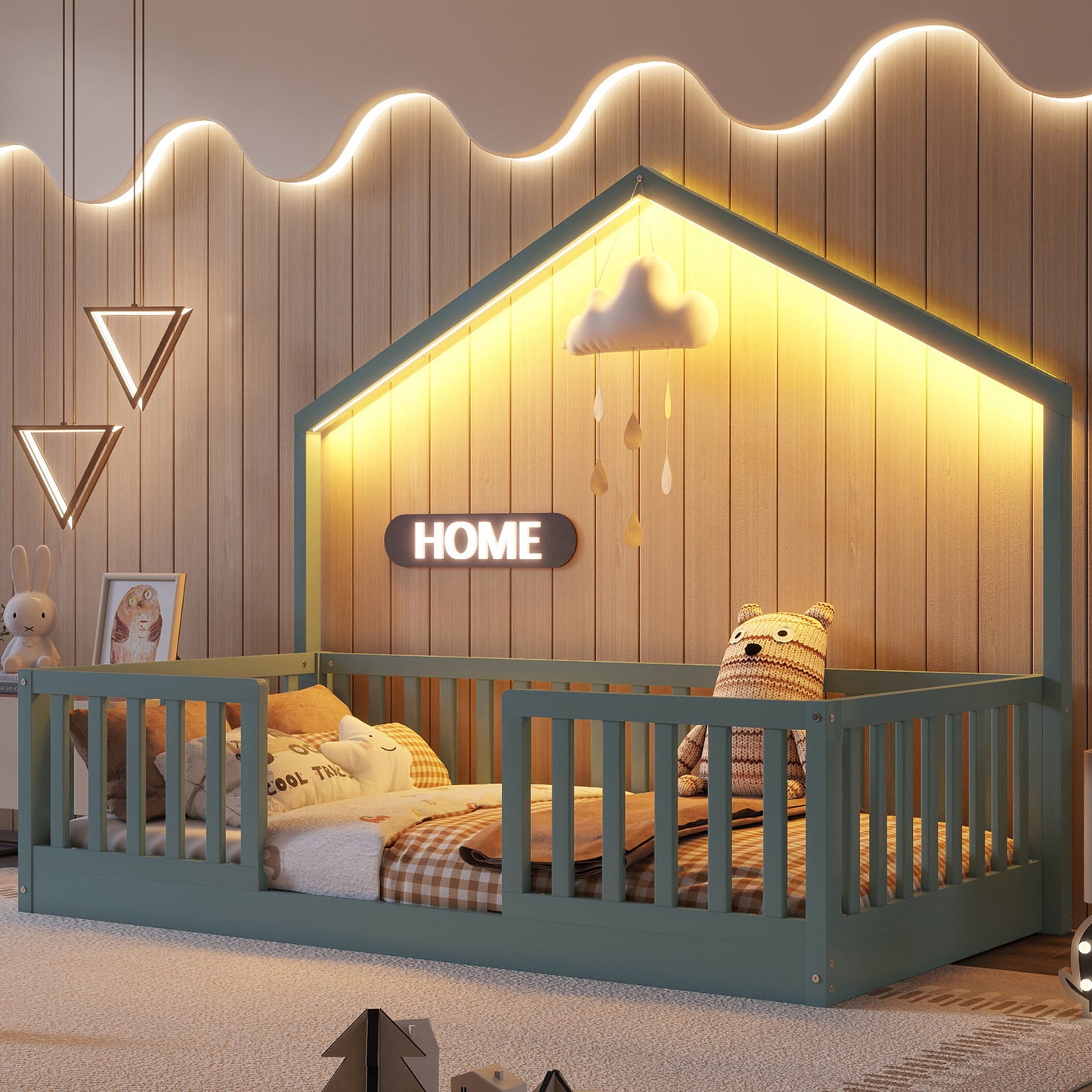 Twin Floor Bed With High Rails, Wooden Montessori Bed With Light For Kids, Boys And Girls ,GrayExpect Arrival Date 2026 3 16