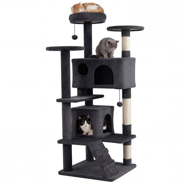52" Tall Cat Tree Tower With Perches & Condos, Multi-Cat Playground With Scratching Posts (Dark Gray)