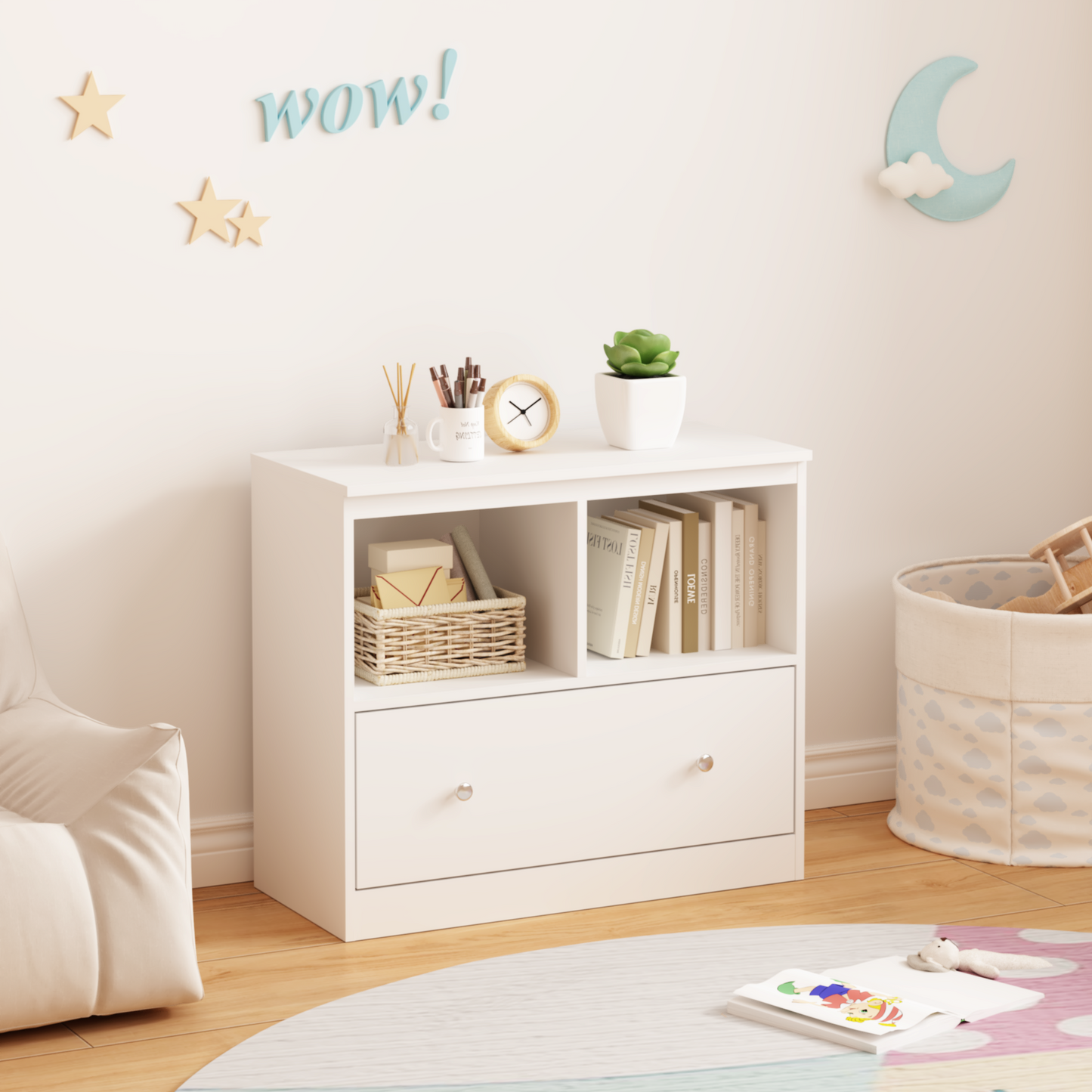 Kids Toy Storage Organizer With Large Drawer, Low Bookshelf For Nursery & Playroom, Wooden Kids Cabinet For Books And Toys, White