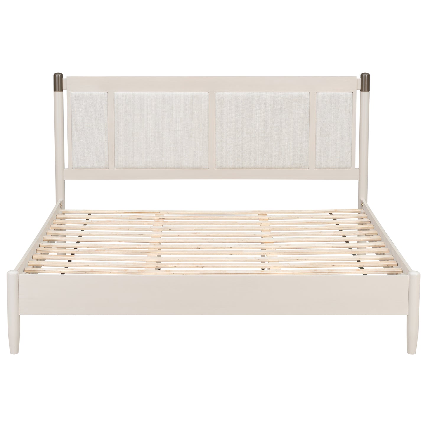 Solid Wood King Bed, Heavy Duty 600 Lbs Support, No Box Spring Needed, Grey Upholstered Headboard With Metal Handles