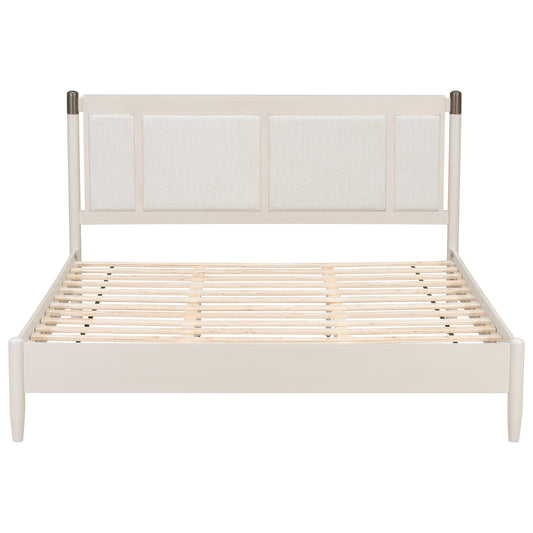 Solid Wood King Bed, Heavy Duty 600 Lbs Support, No Box Spring Needed, Grey Upholstered Headboard With Metal Handles