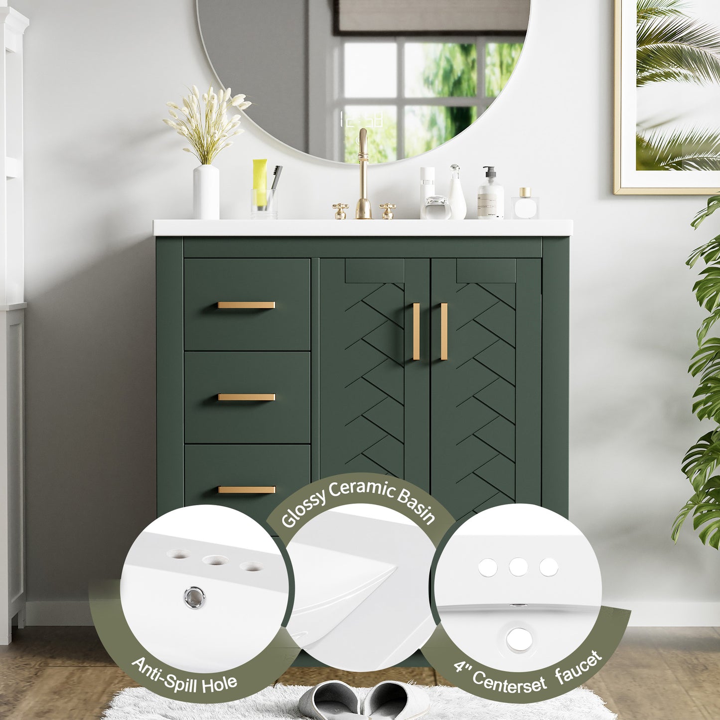 30'' Bathroom Vanity With Ceramic Sink Combo,Solid Wood Frame Bathroom Storage Cabinet, Freestanding Vanity Set With 3 Drawers& Soft Closing Doors