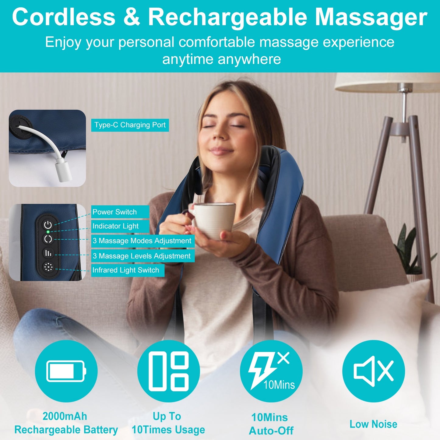 1Pc Electric Neck Shoulder Massager With Infrared Light Heating 3 Massage Modes Speeds Kneading Grasping Shiatsu Massage Pillow For Back Arms Thighs Release Pain