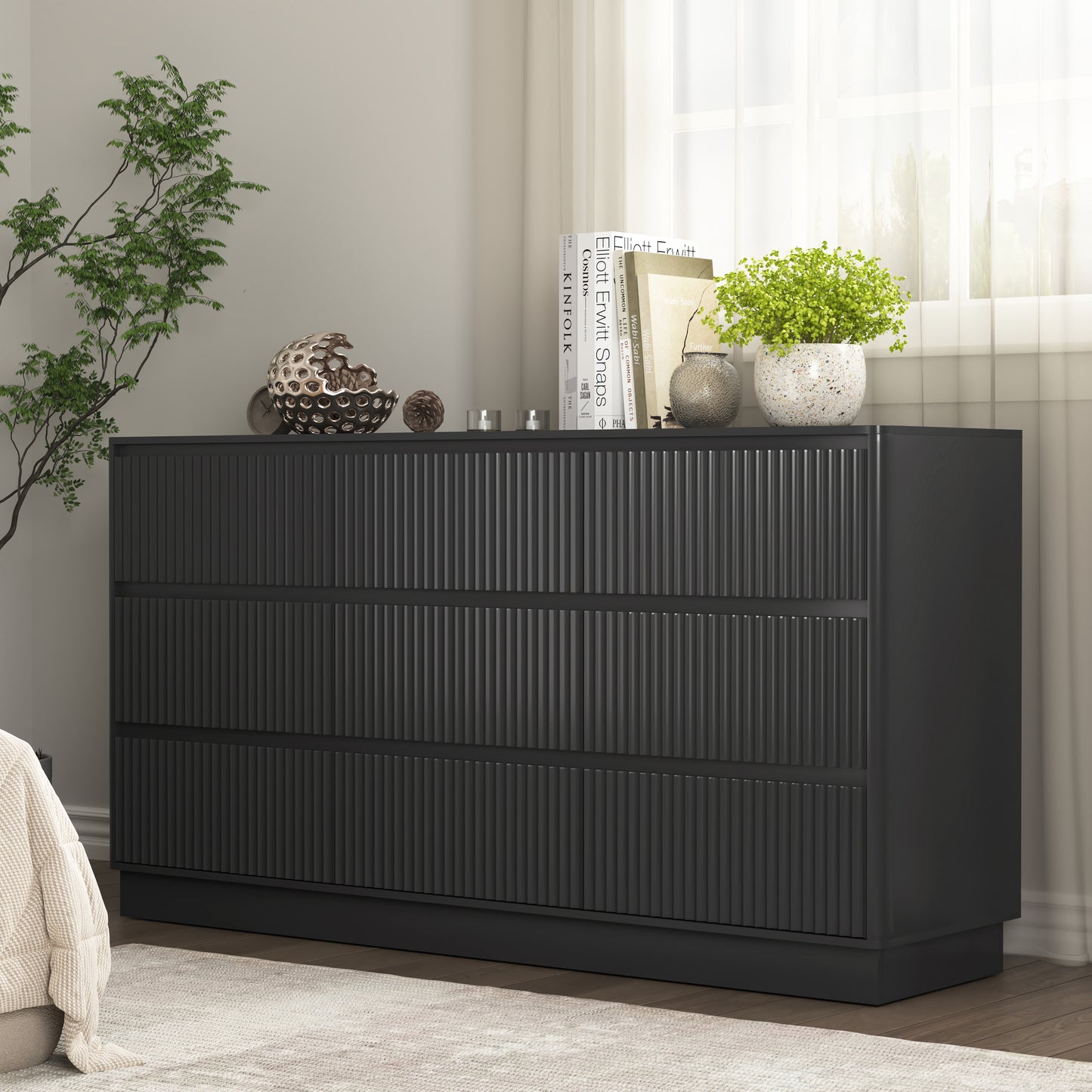 9 Drawer Dresser For Bedroom With Large Drawers, Wood Dresser, Large Floor Chest Of Drawers, Modern Long TV Stand, Mid Century Storage Cabinet Side Table, Black