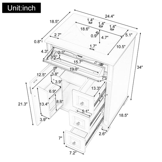 24 Inch Bathroom Vanity With Sink, White Freestanding Vanity Cabinet With Flip-Out Drawer, 3 Drawers & Storage Cabinet, Solid Wood & MDF, Ceramic Sink Top