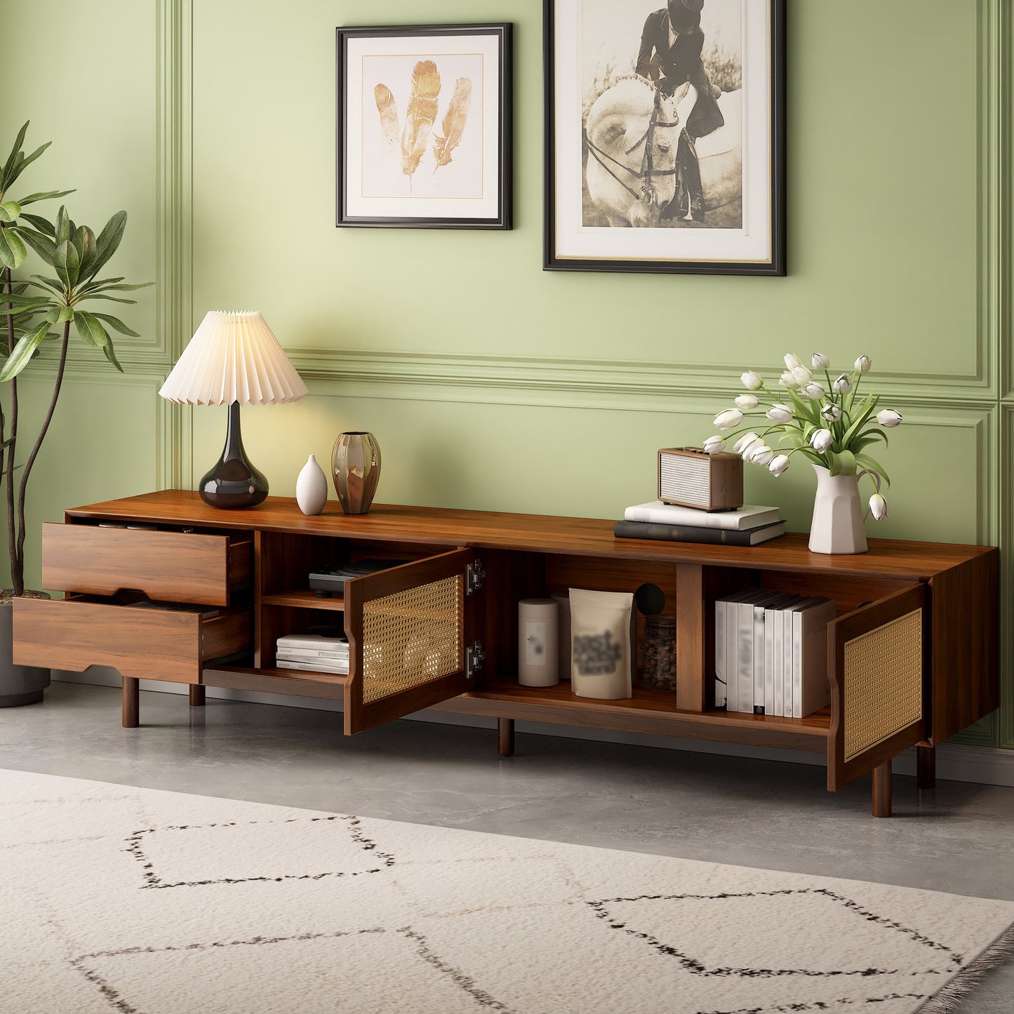 78 Inch TV Stand For TVs Up To 85 Inch, Media Console With 2 Drawers, Solid Wood Legs, Rattan Front Panels, For Living Room, Modern Entertainment Center