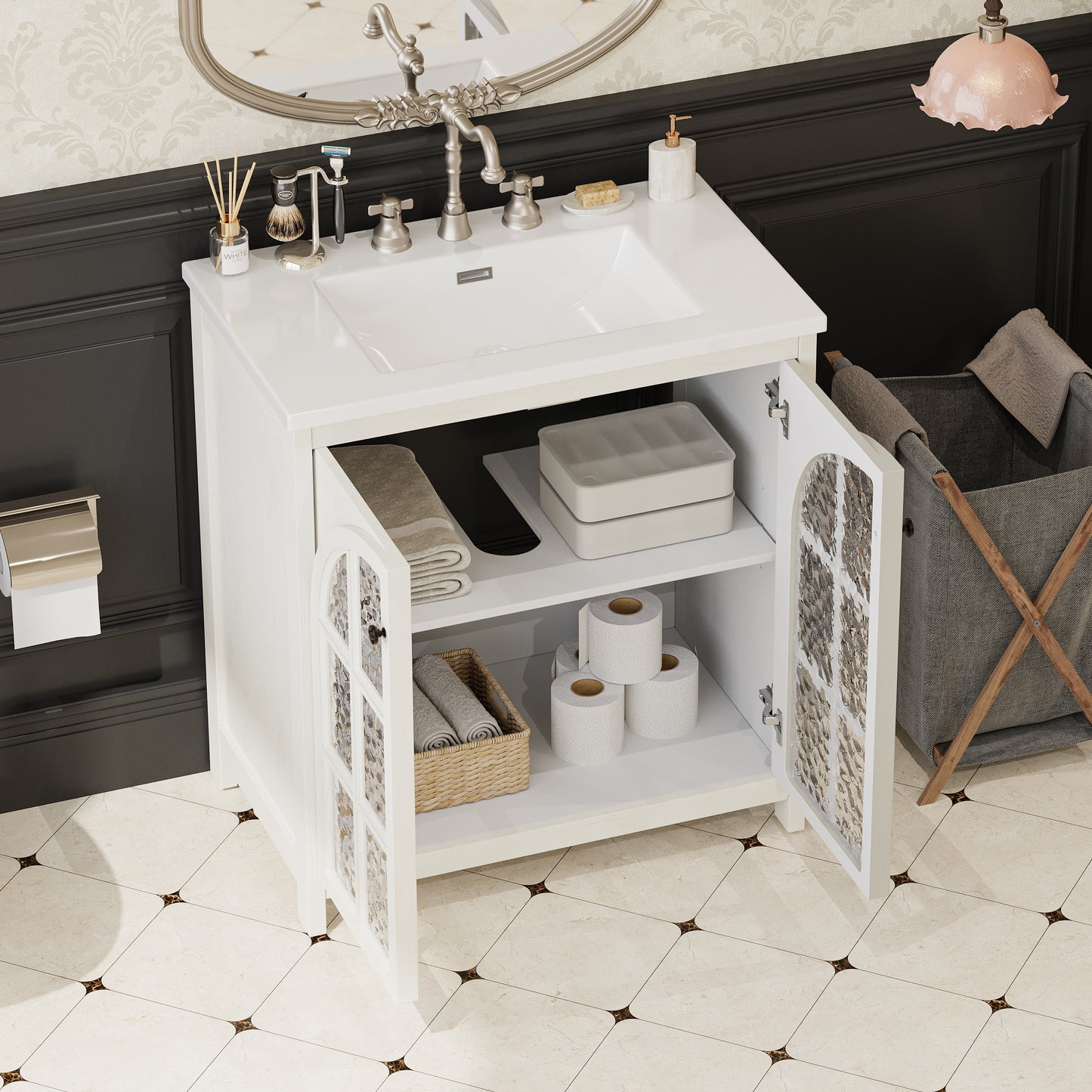 30 Inches Bathroom Vanity With Ceramic Sink, Faux Aged Finish, Vintage Rustic Bathroom Cabinet With Bronze Pulls And 2 Soft-Closing Doors, Antique White
