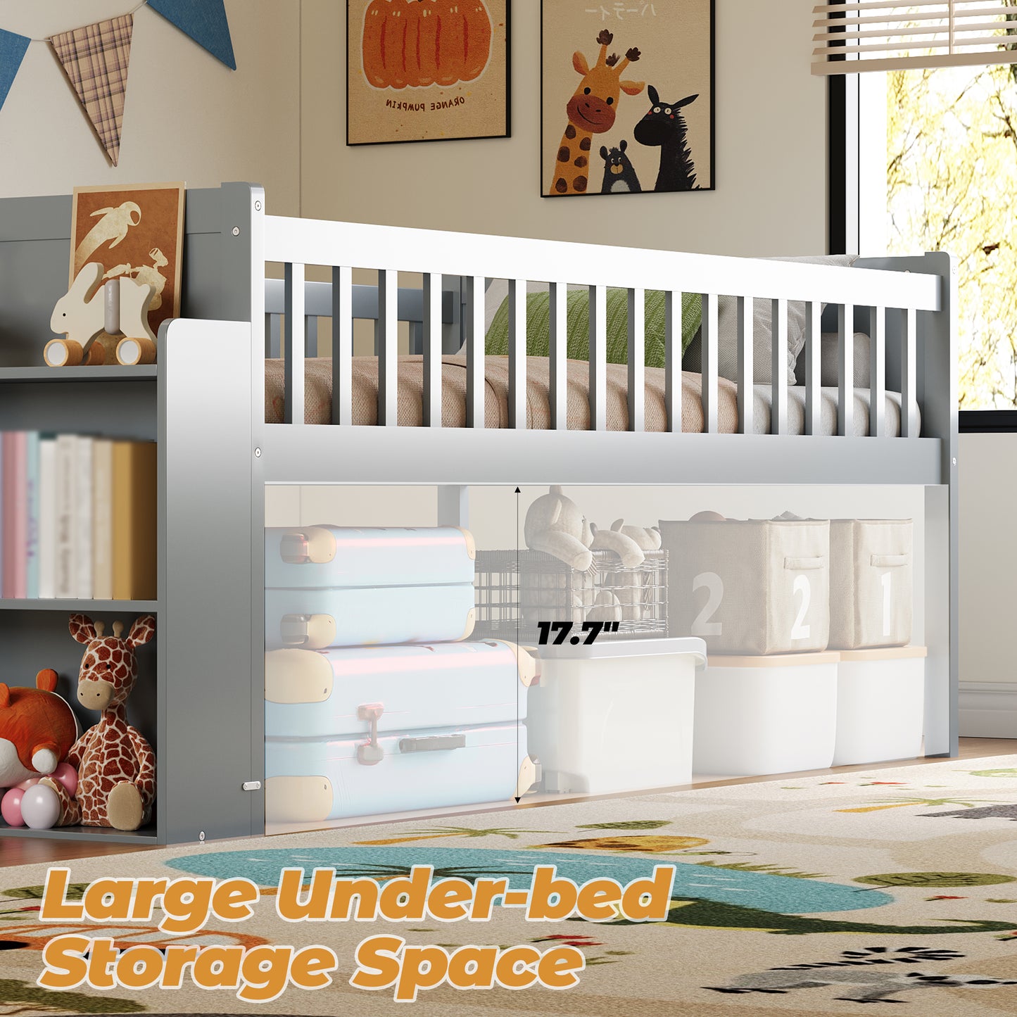 Twin Bed Frame With Storage Shelf, Wooden Bed Frame With Slide And Ladder,Platform Twin Size Bed With Guardrail, No Box Spring Needed, Easy Assembly, Gray